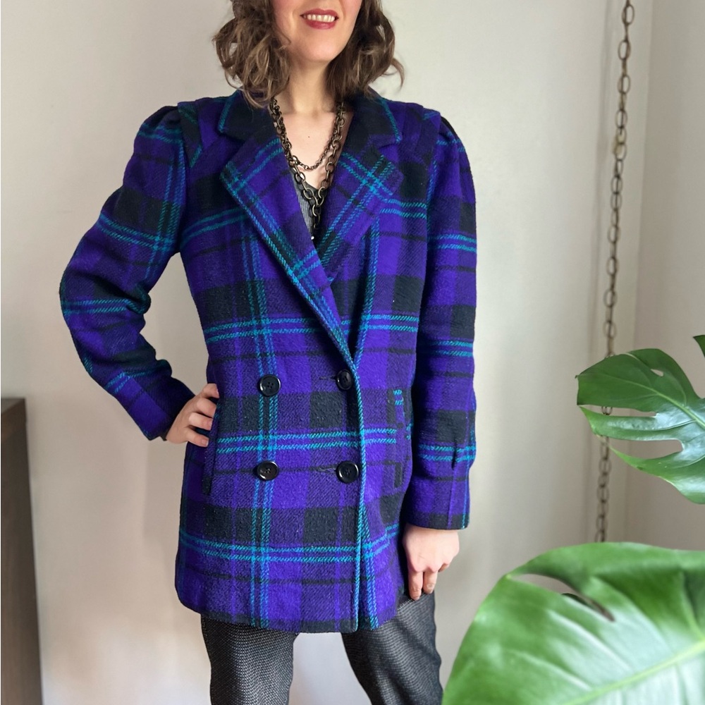 Vintage Purple Plaid Wool Coat Jacket 80s / 90s